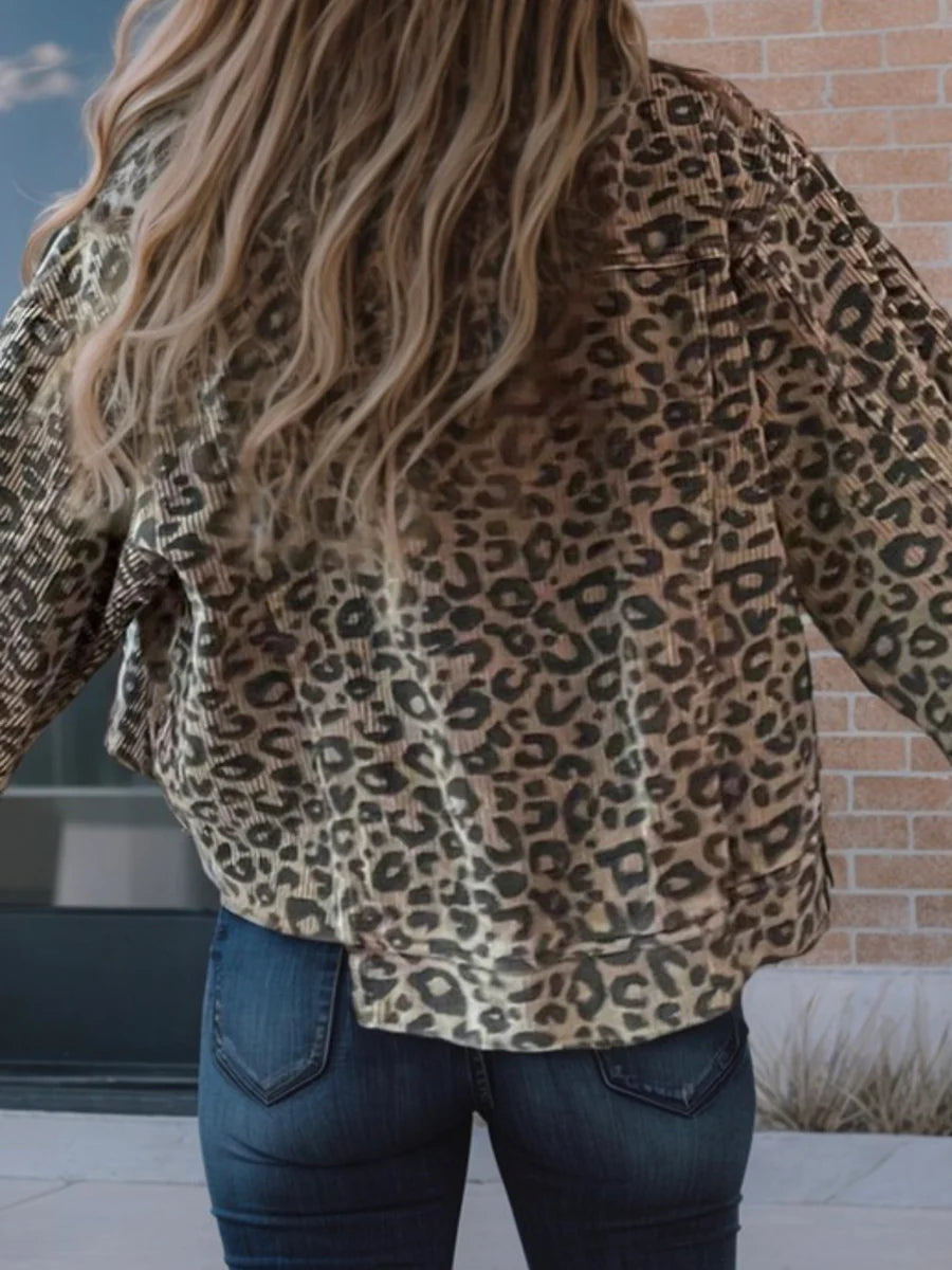 Asymmetrical Hem Collared Neck Leopard Jacket