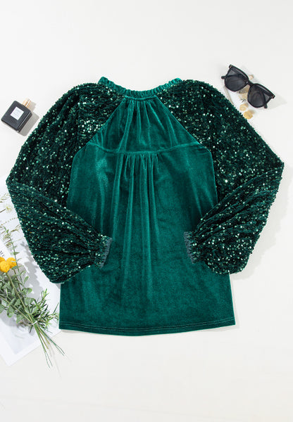 Sequin Notched Long Sleeve Blouse