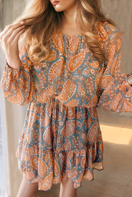 Ruffle Hem Printed Long Sleeve Dress