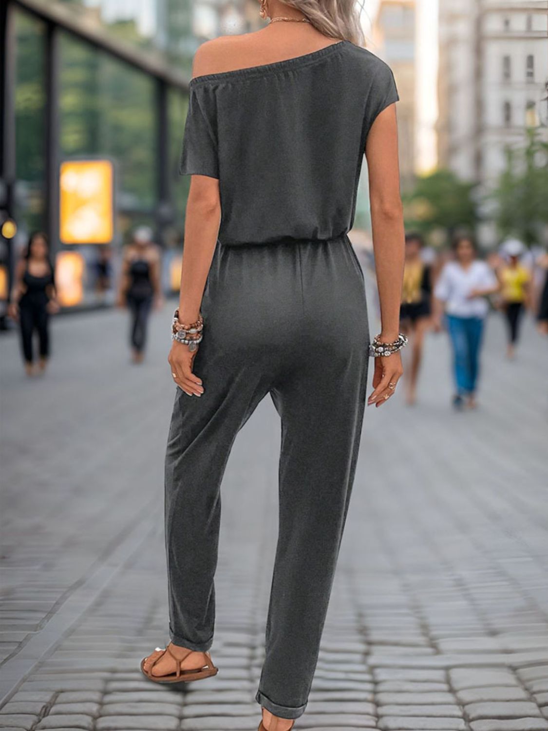 Single Shoulder Short Sleeve Jumpsuit