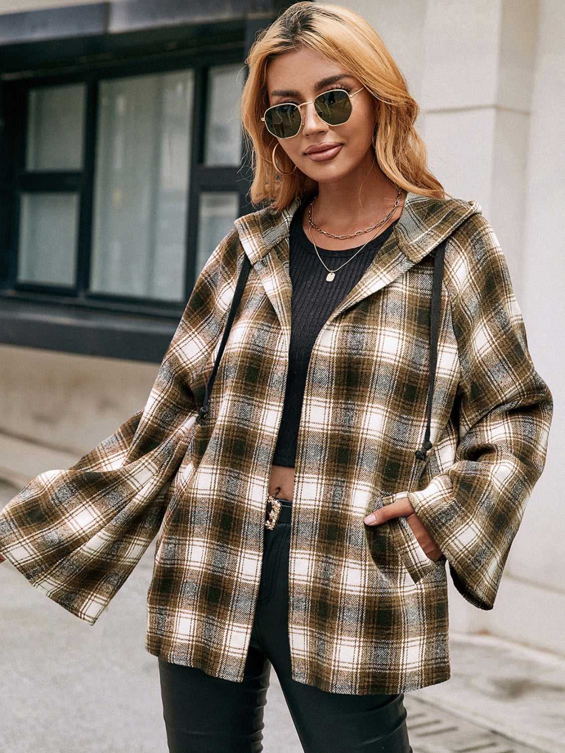 Pocketed Plaid Long Sleeve Hooded Jacket