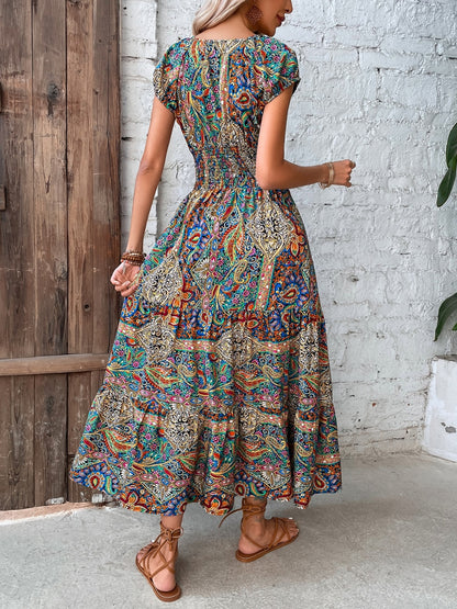 Smocked Printed Cap Sleeve Midi Dress