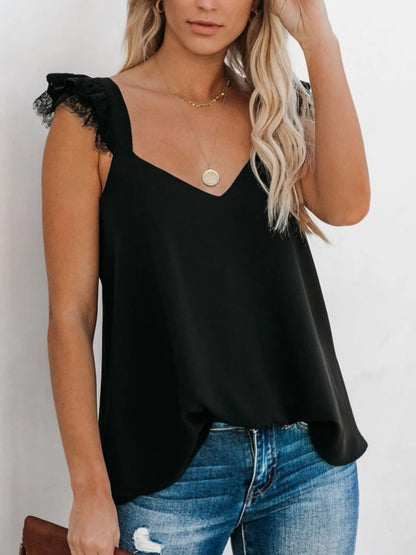 Lace Detail V-Neck Cap Sleeve Blouse