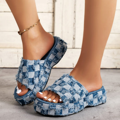 Plaid PU Leather Platform Sandals