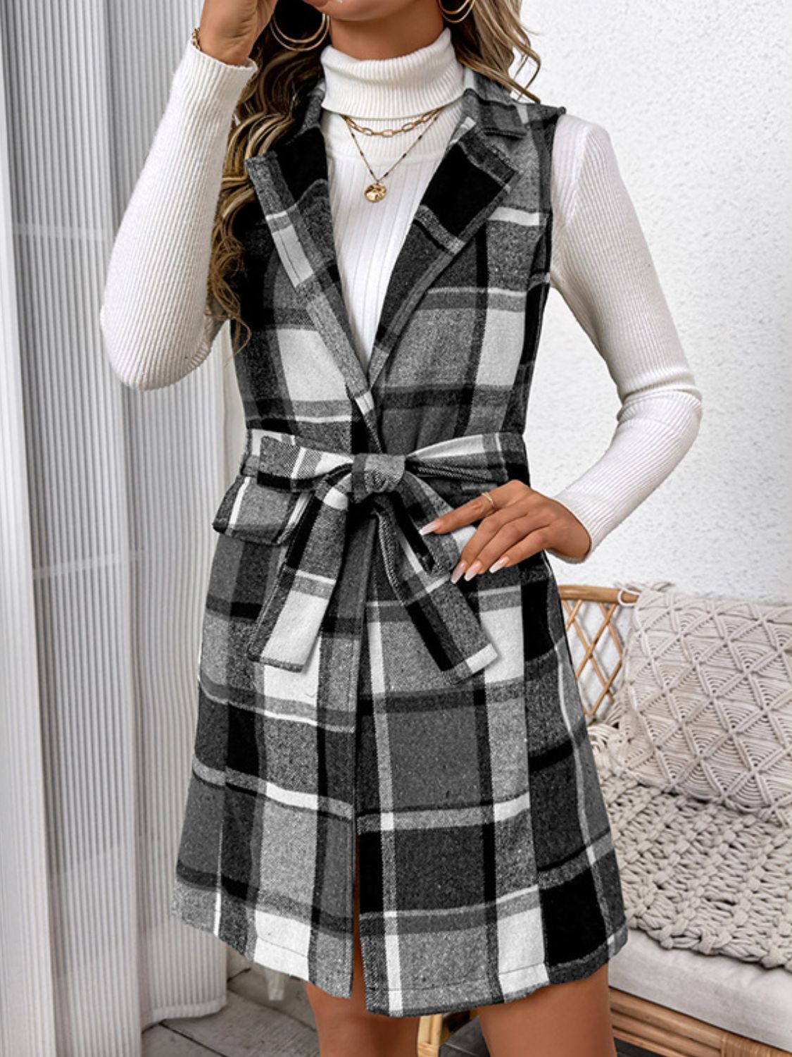 Perfee Tied Plaid Vest Coat