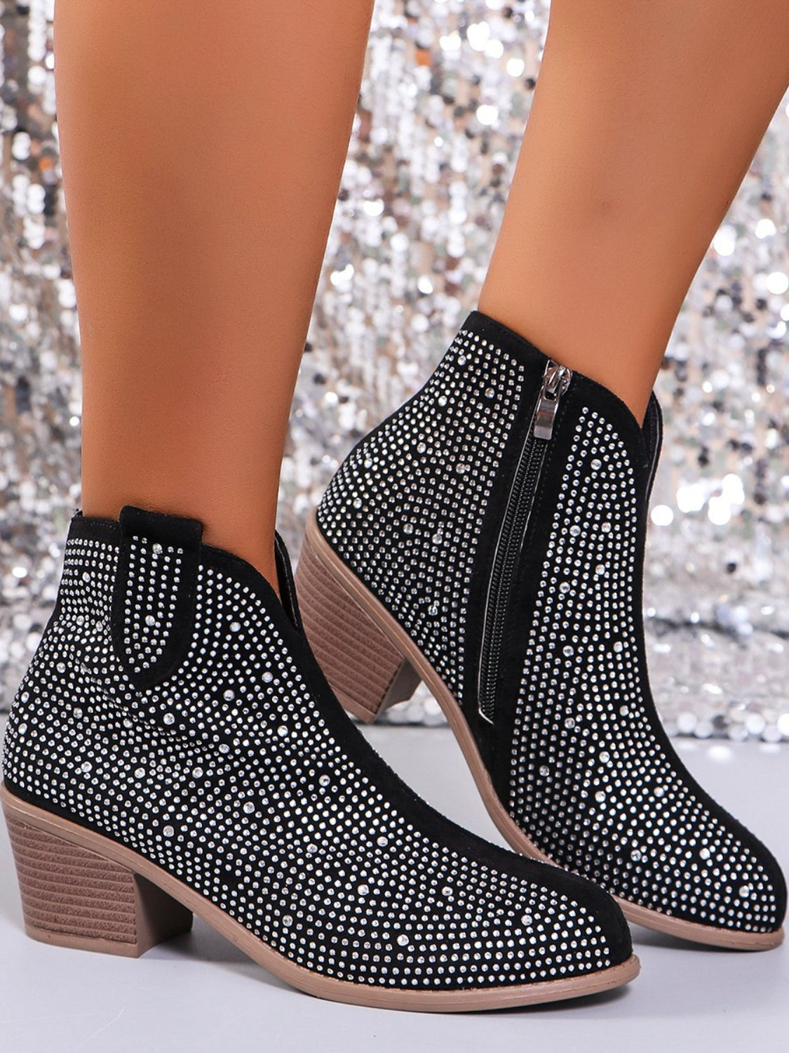 Rhinestone Point Toe Block Heel Boots