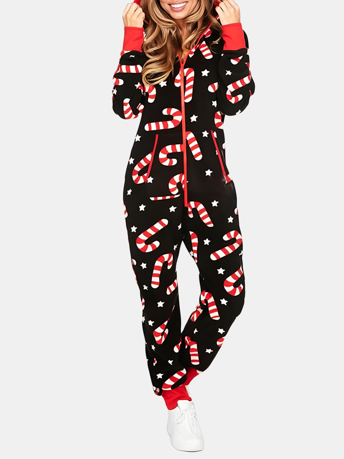 Printed Zip Up Long Sleeve Hooded Jumpsuit