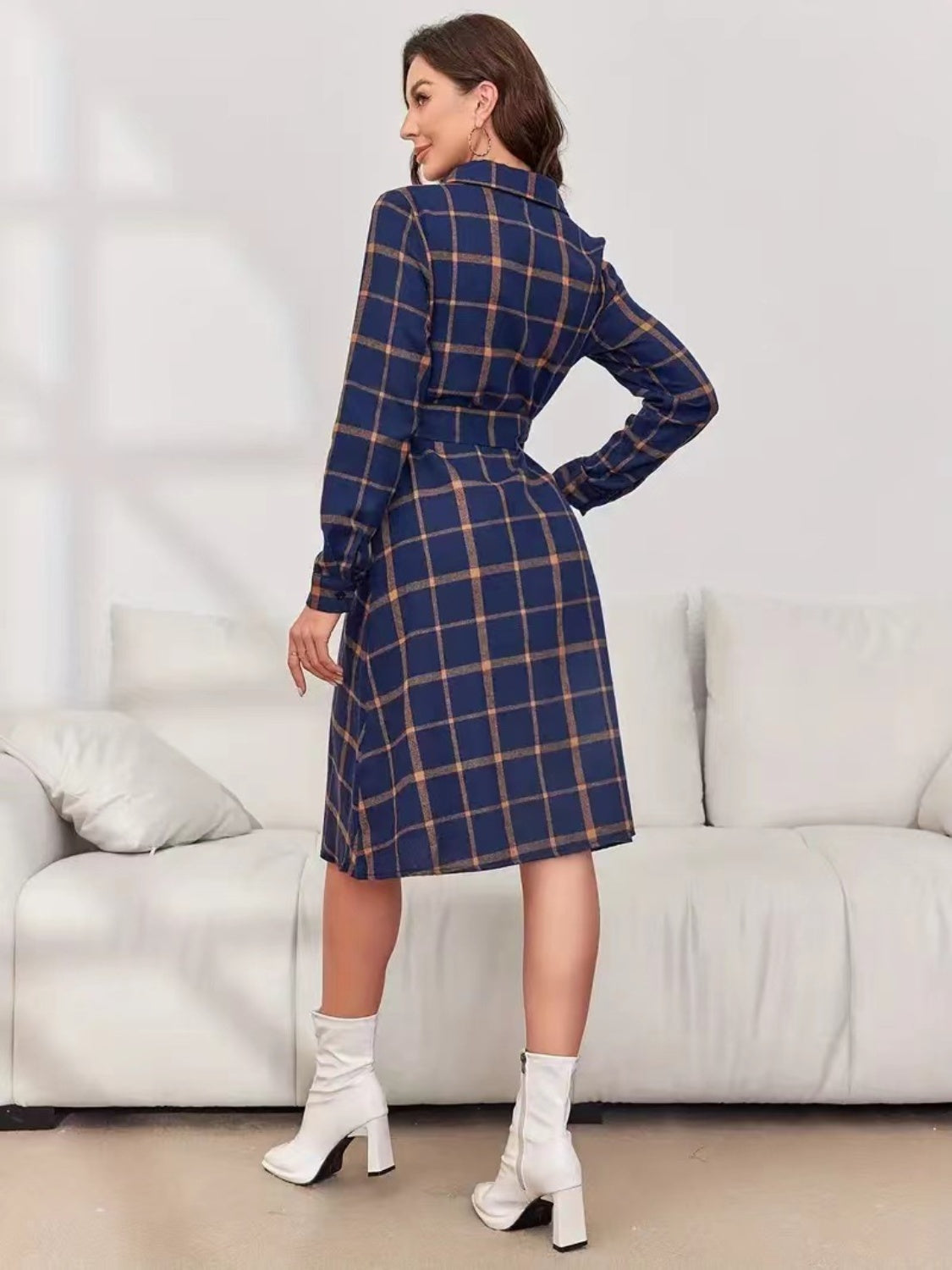 Plaid Tie Waist Long Sleeve Dress