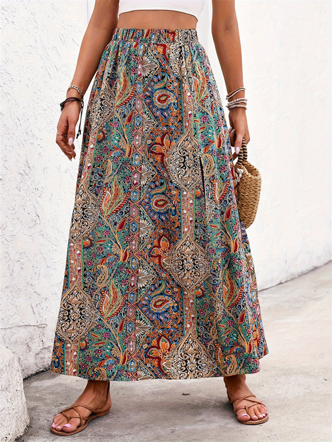 Slit Printed Elastic Waist Skirt