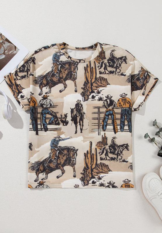 Cowboy Print Round Neck Short Sleeve T Shirt