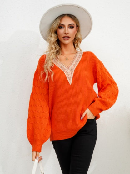 V-Neck Dropped Shoulder Long Sleeve Sweater