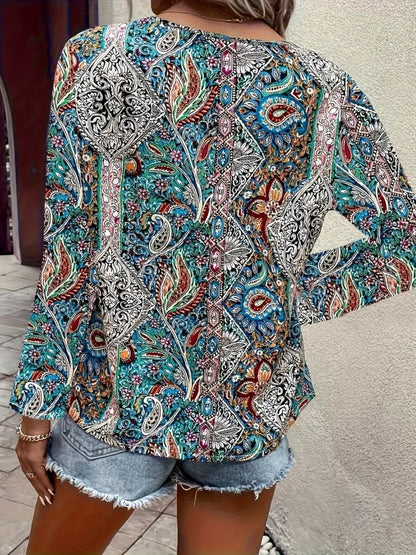 Printed V-Neck Long Sleeve Blouse