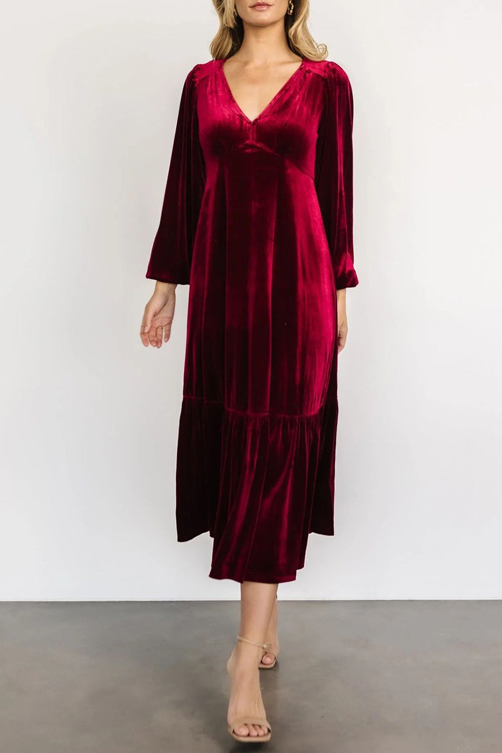 V-Neck Long Sleeve Midi Velvet Dress