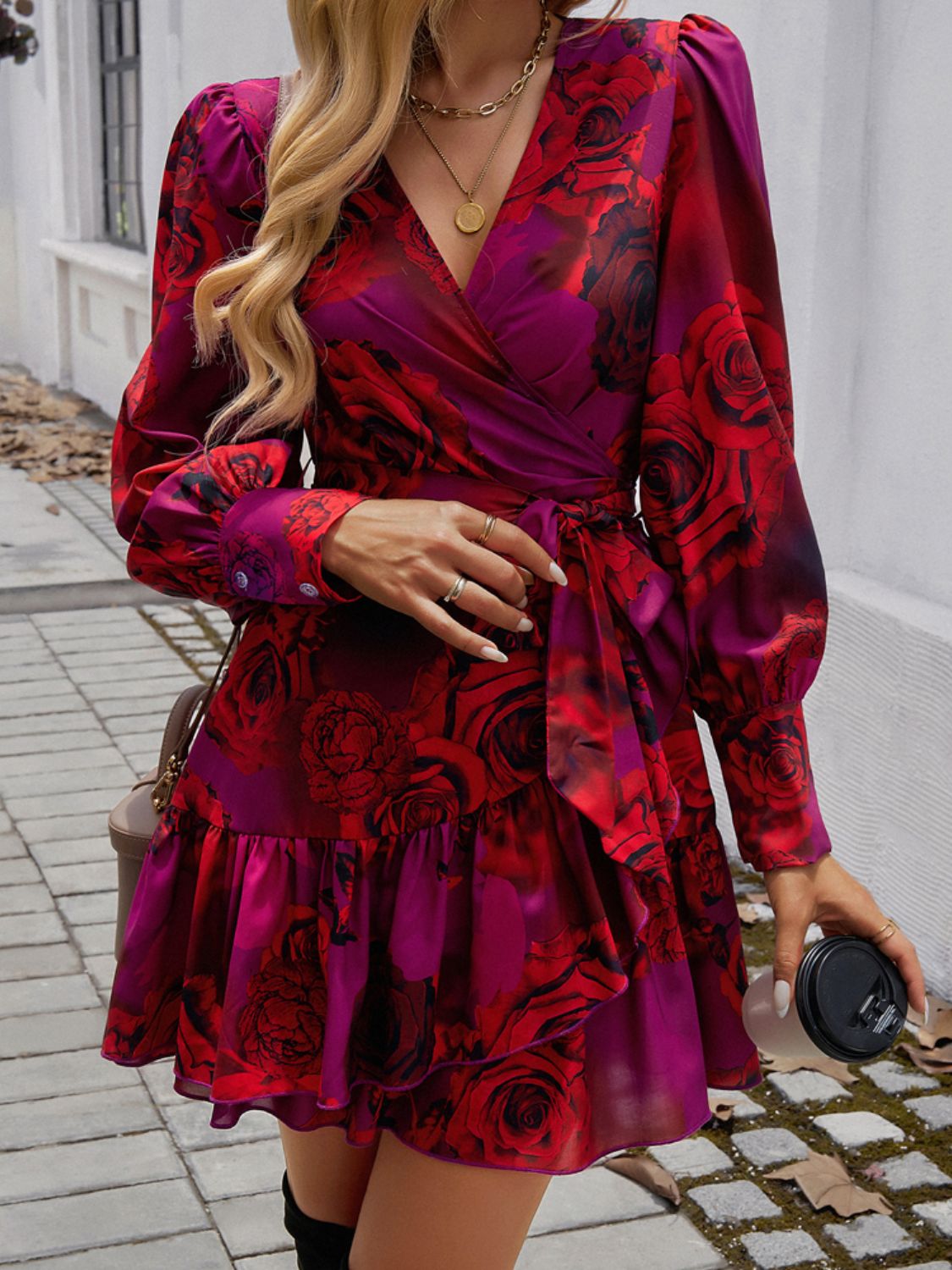 Ruffled Printed Surplice Long Sleeve Mini Dress