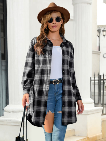 Full Size Plaid Button Up Dropped Shoulder Shirt