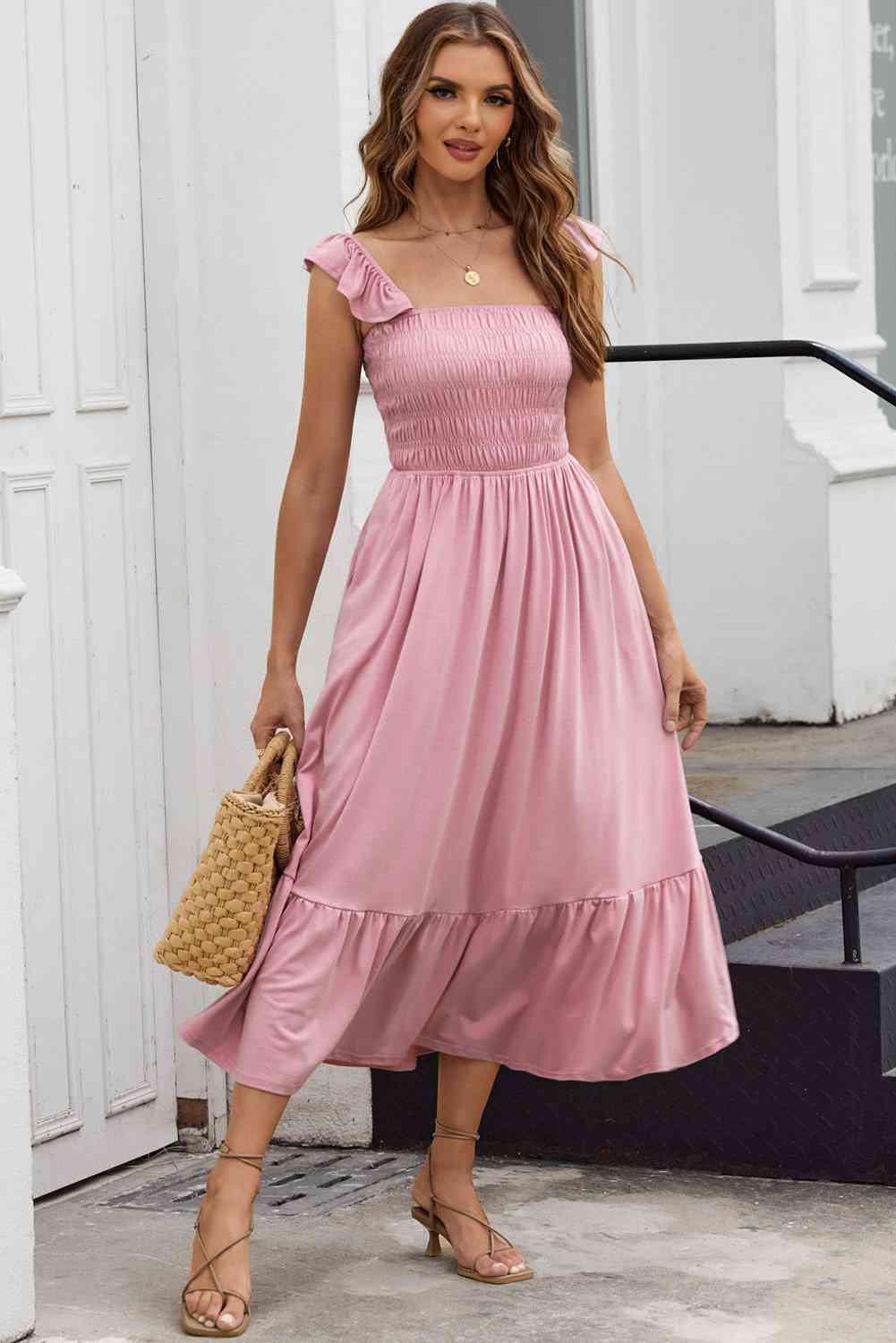 Smocked Square Neck Midi Dress