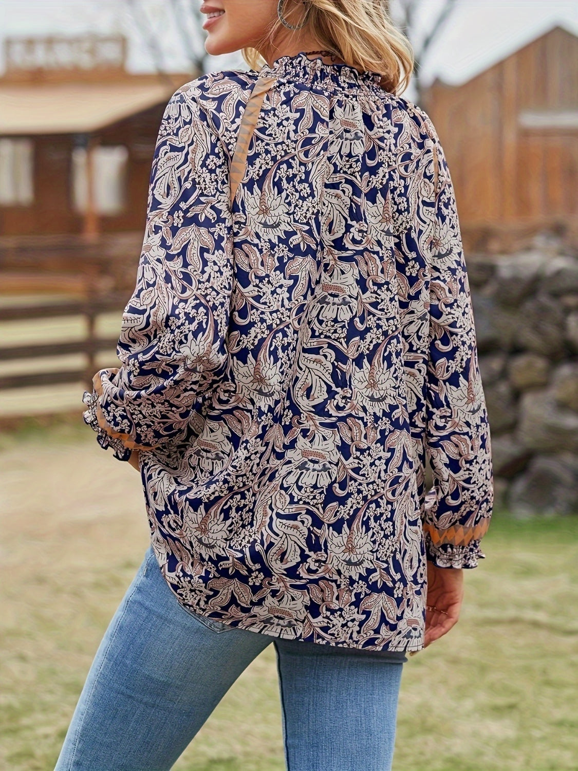 Full Size Printed Notched Long Sleeve Blouse