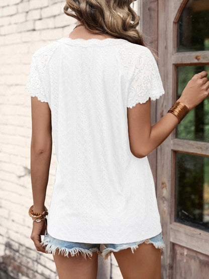 Lace Detail V-Neck Short Sleeve T-Shirt