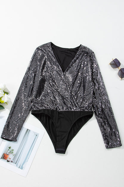 Sequin Surplice Long Sleeve Bodysuit