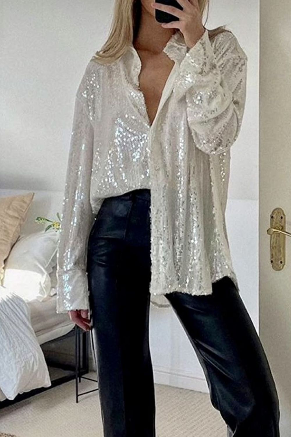 Sequin Button Up Long Sleeve Shirt