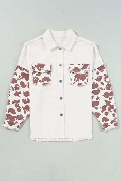 Raw Hem Animal Print Long Sleeve Denim Jacket