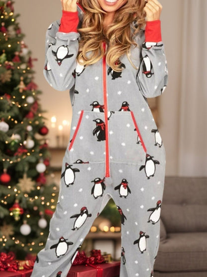 Printed Zip Up Long Sleeve Hooded Jumpsuit