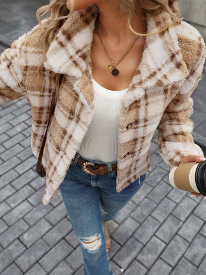 Plaid Button Up Collared Neck Long Sleeve Jacket