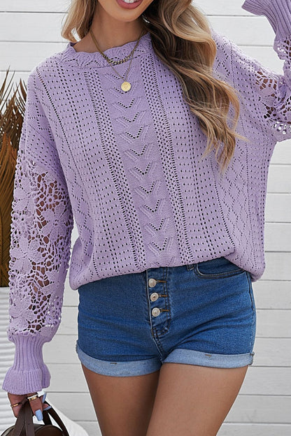 Openwork Round Neck Long Sleeve Sweater