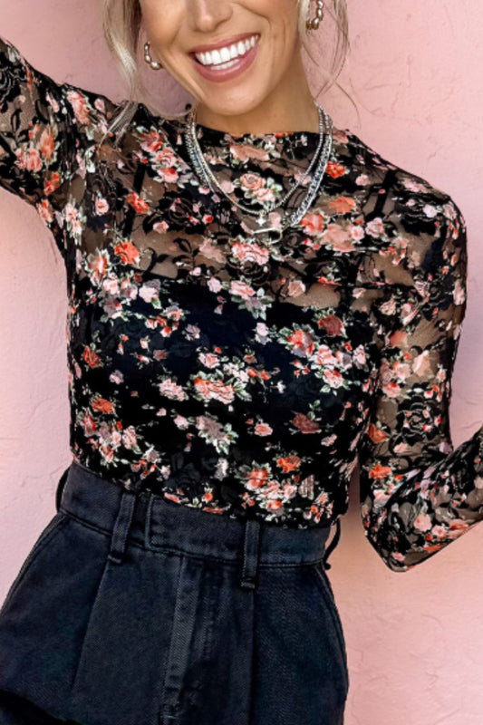 Floral Round Neck Long Sleeve Blouse