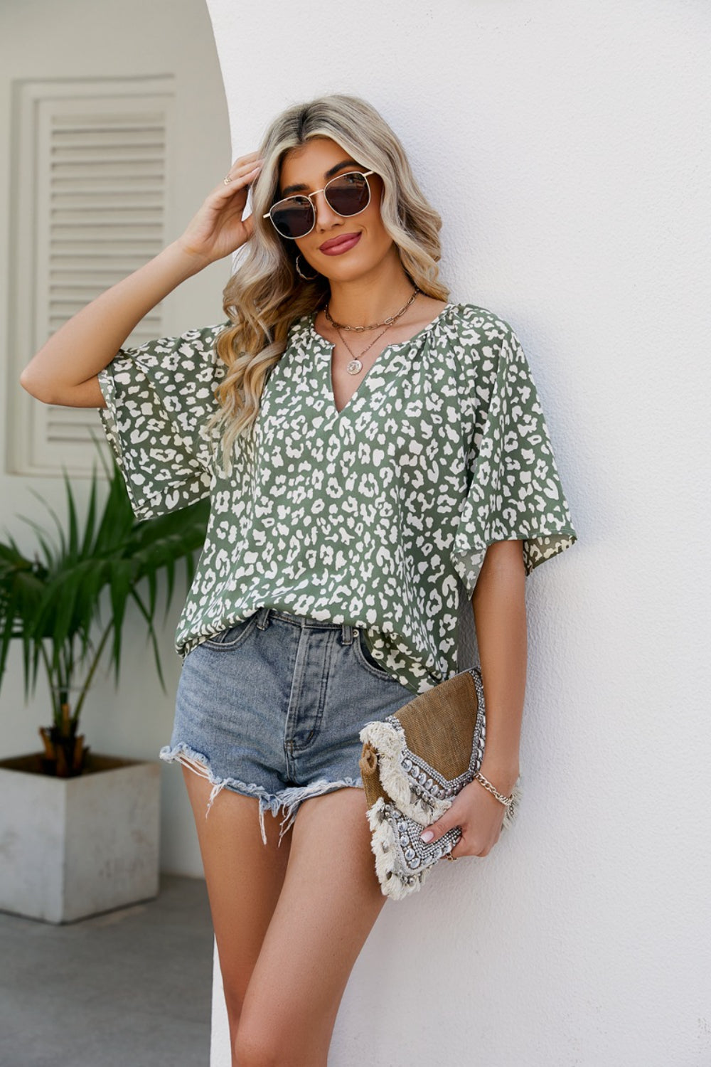 Leopard Notched Half Sleeve Blouse