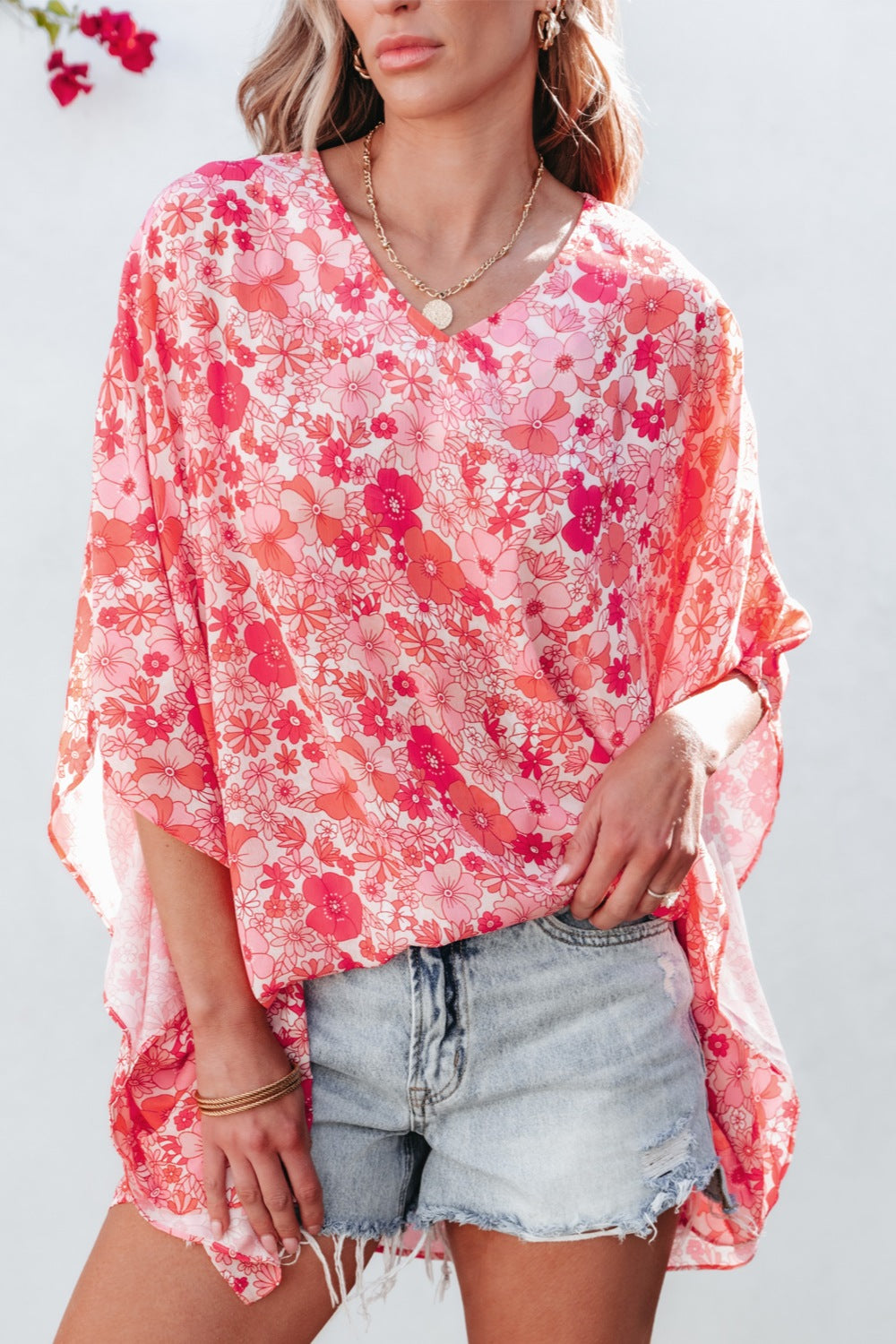 Floral V-Neck Three-Quarter Sleeve Blouse