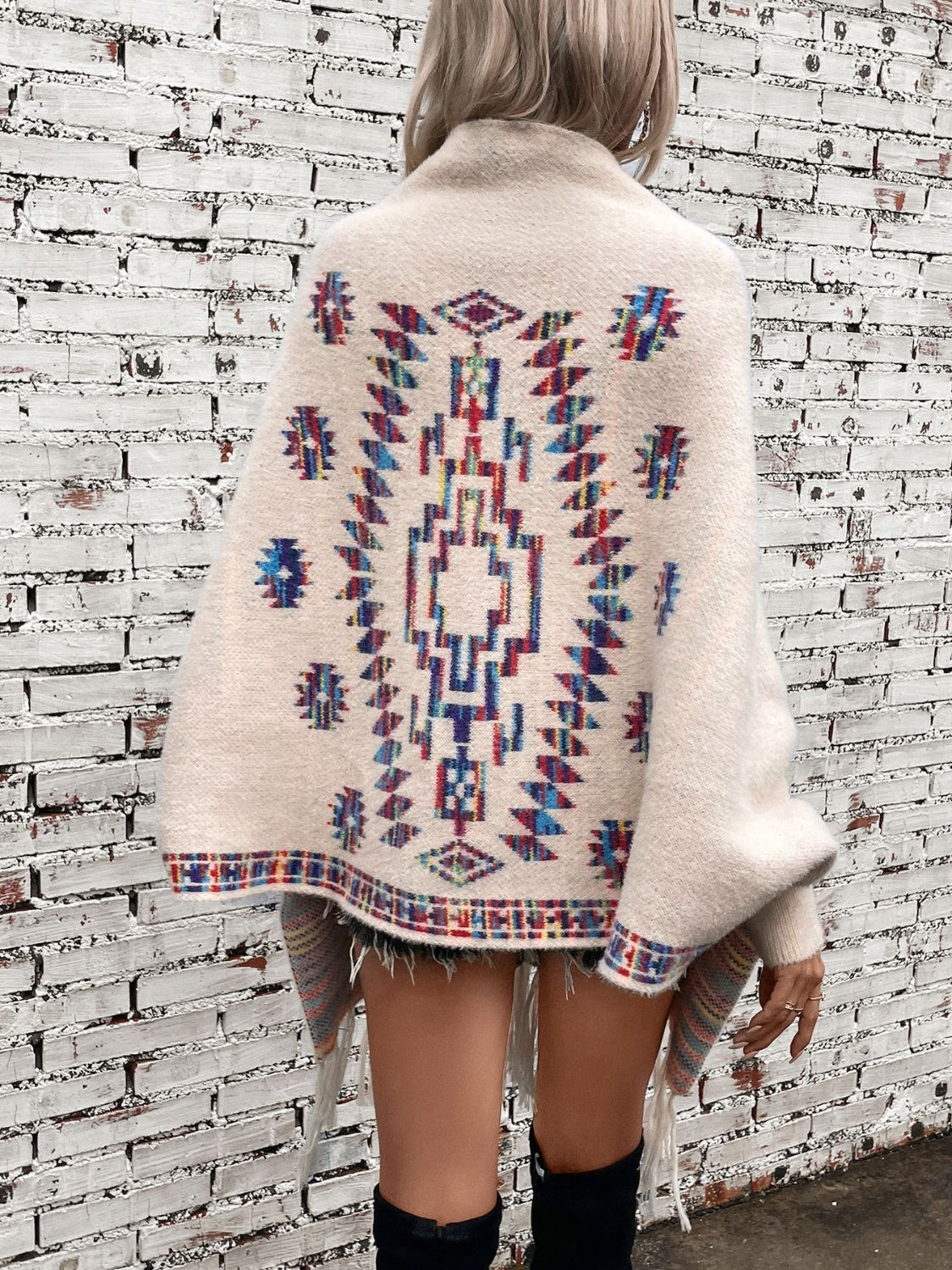 Fringe Geometric Open Front Long Sleeve Cape