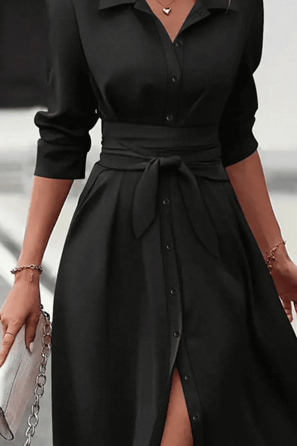 Collared Neck Long Sleeve Midi Shirt Dress