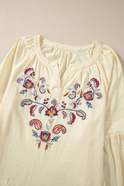 Embroidered Notched Long Sleeve Blouse