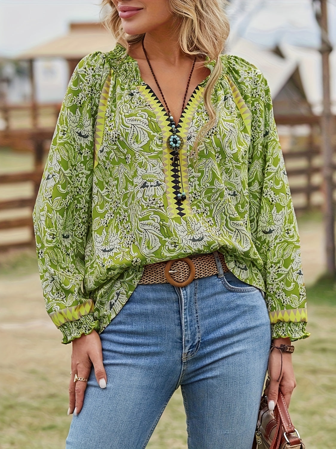 Full Size Printed Notched Long Sleeve Blouse