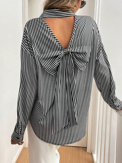 Cutout Bow Back Striped Collared Neck Long Sleeve Shirt