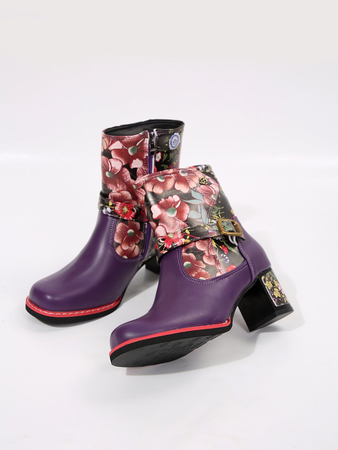 PU Leather Flower Block Heel Boots