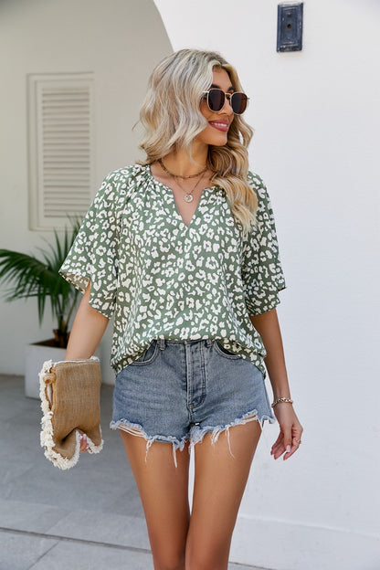 Leopard Notched Half Sleeve Blouse