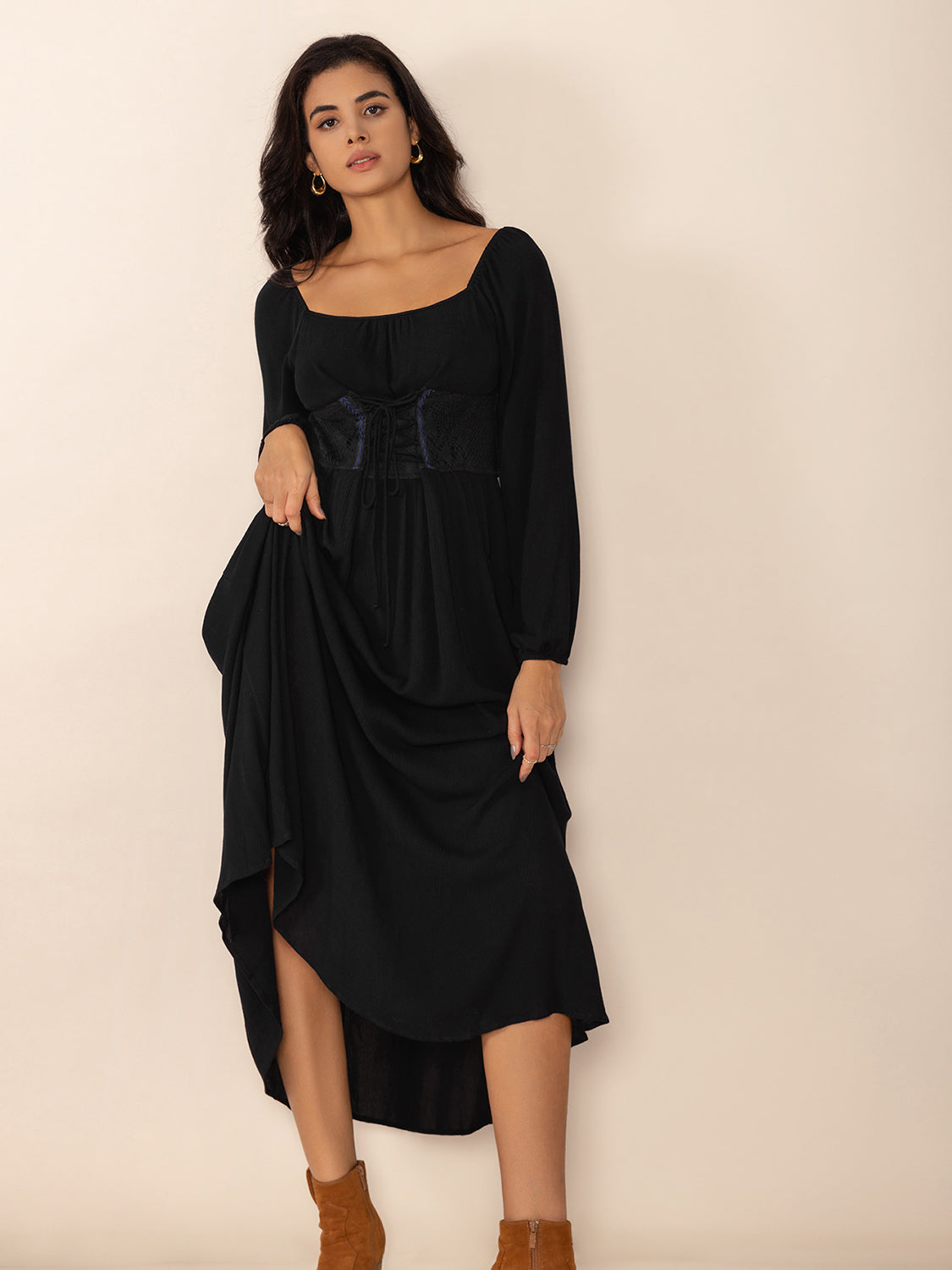 Lace-Up Square Neck Long Sleeve Midi Dress