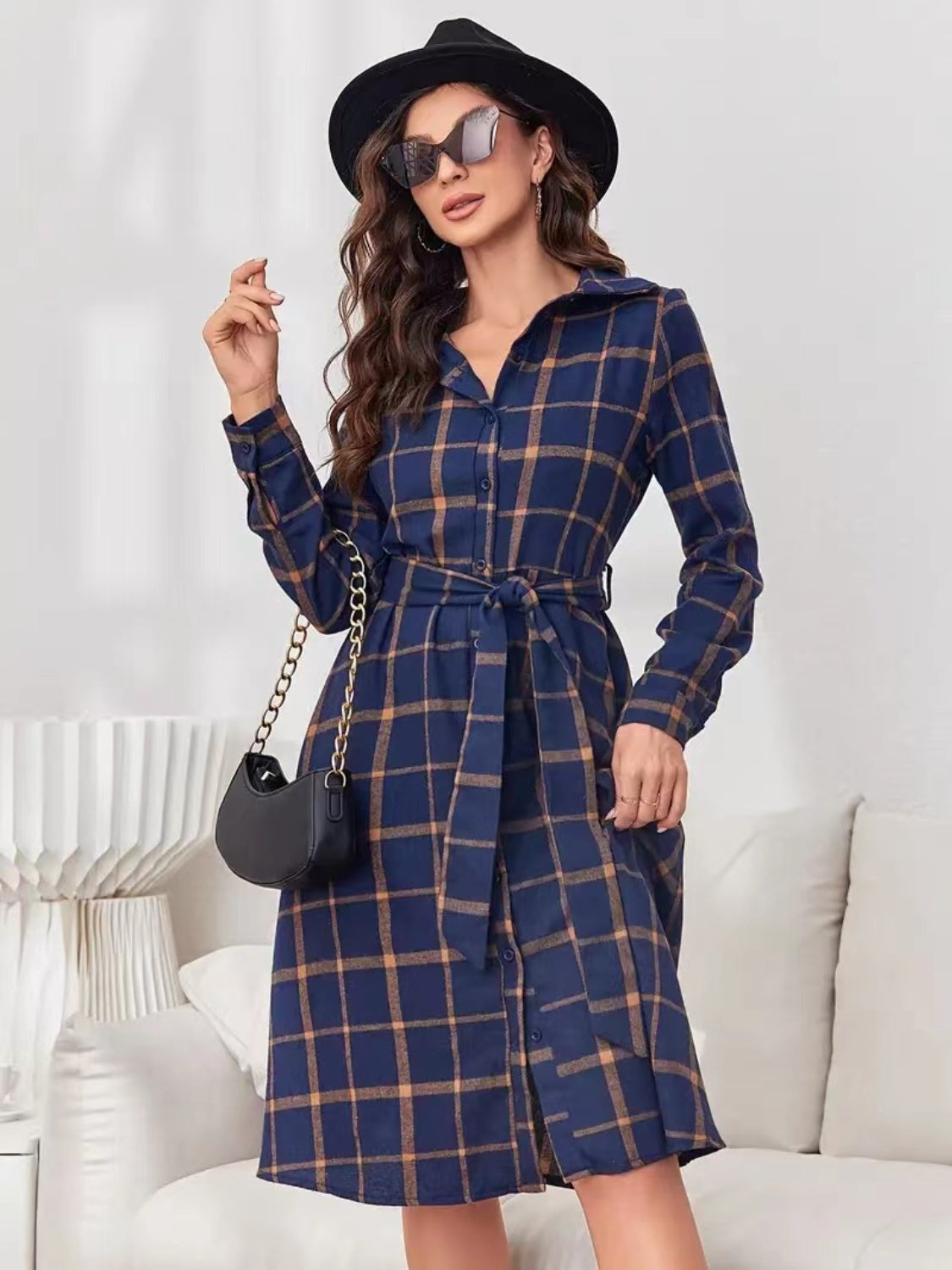 Plaid Tie Waist Long Sleeve Dress