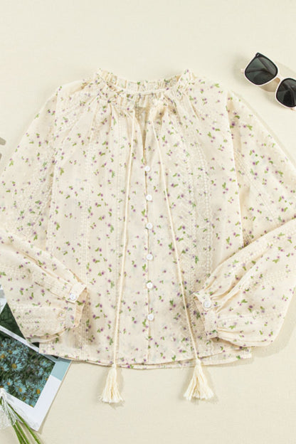 Frill Lace Detail Printed Tie Neck Long Sleeve Blouse