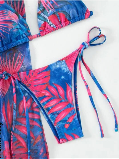 Printed Halter Neck Three-Piece Swim Set