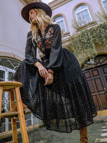 Embroidered Polka Dot Tie Neck Long Sleeve Midi Dress