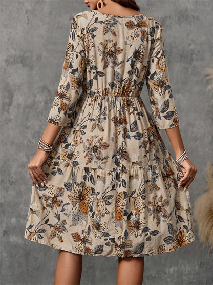 Printed Round Neck Three-Quarter Sleeve Dress