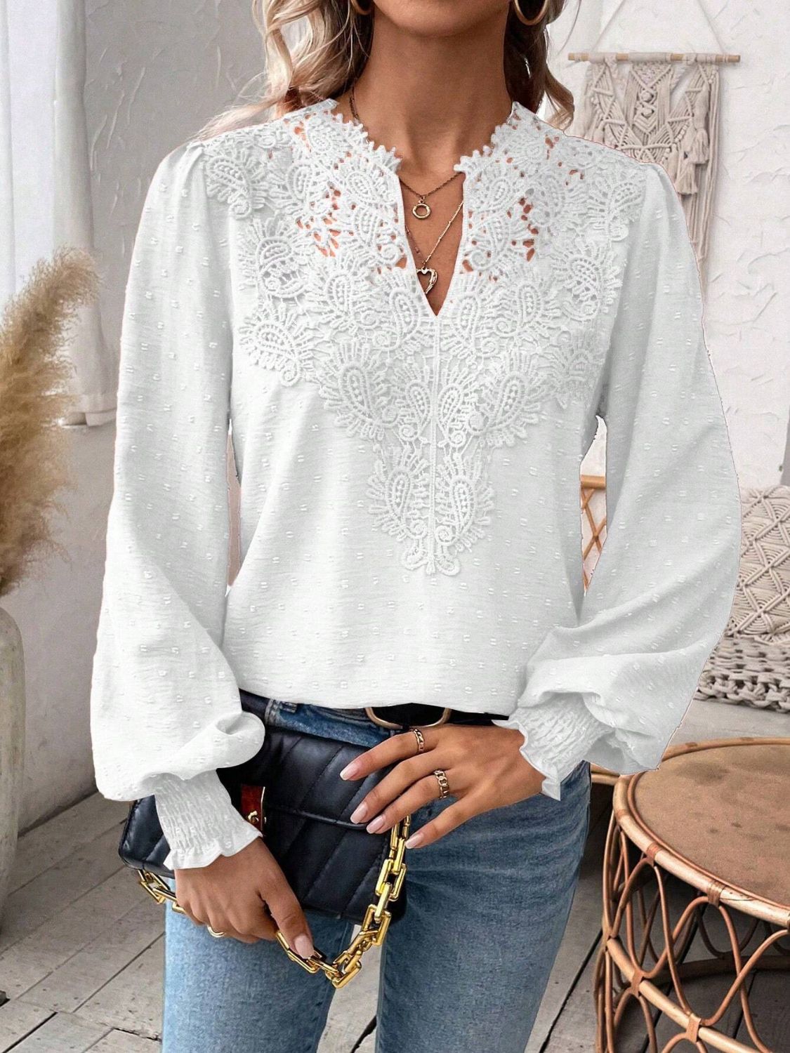 Swiss Dot Lace Detail Notched Long Sleeve Blouse