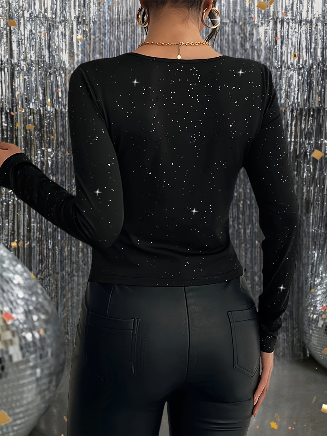 Glitter Round Neck Long Sleeve T-Shirt