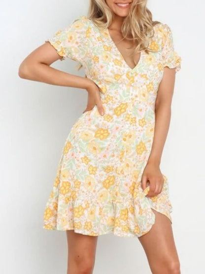 Ruffled Hem Printed Short Sleeve Mini Dress