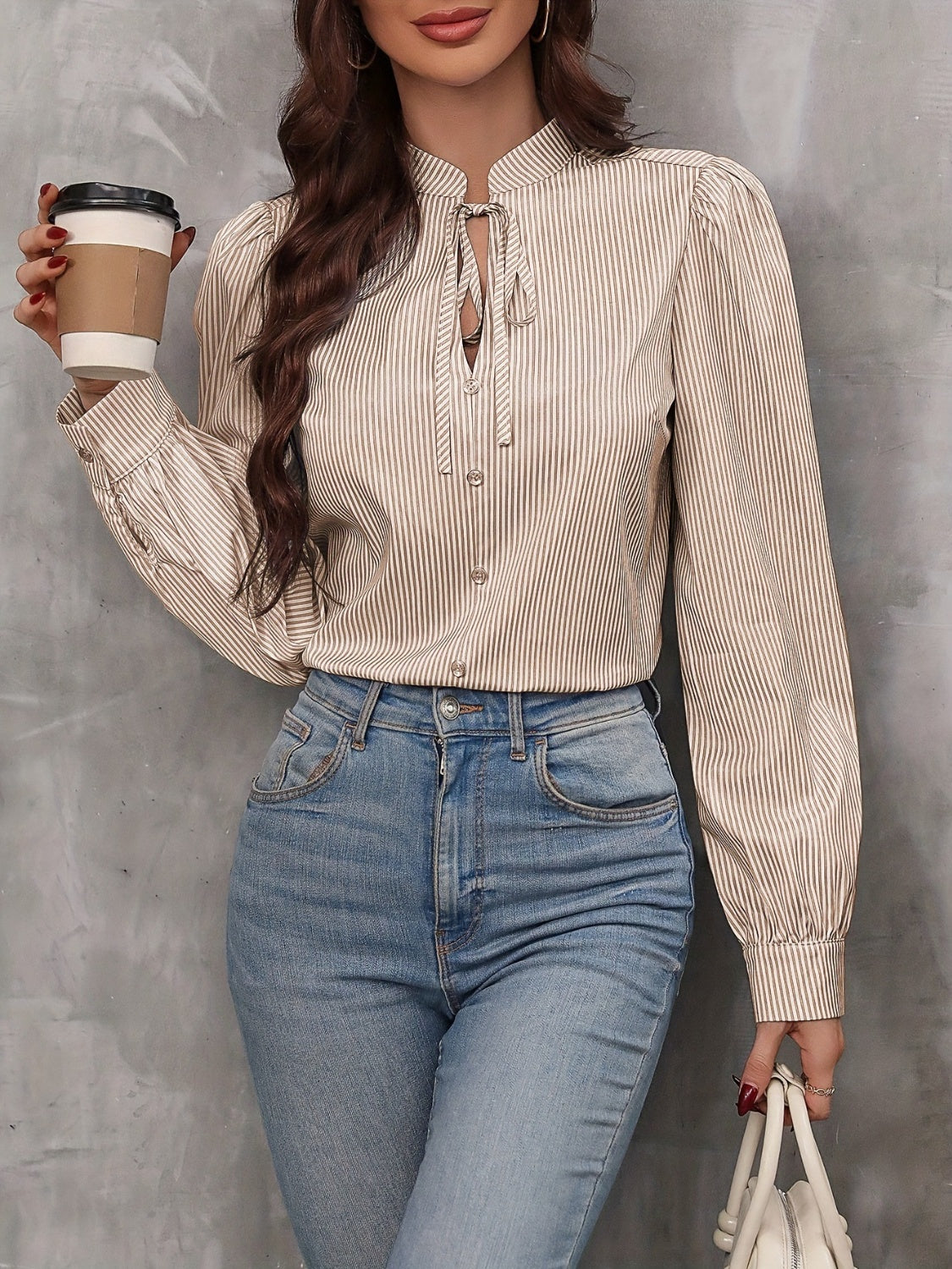 Tied Striped Long Sleeve Blouse