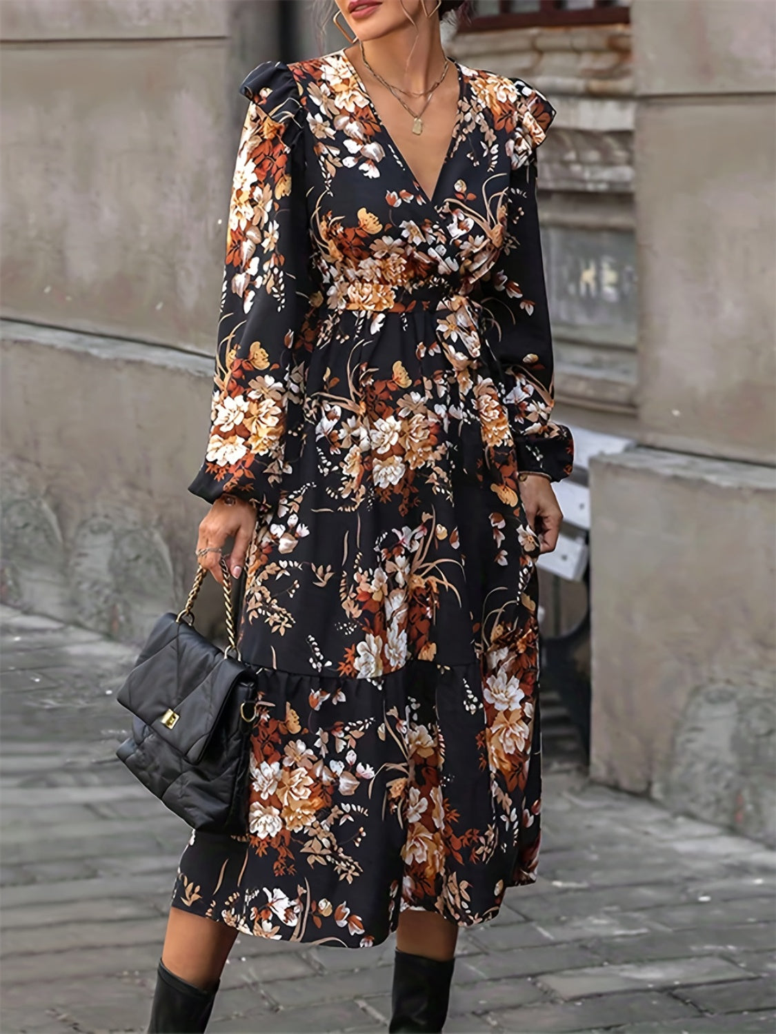 Ruffled Printed Surplice Long Sleeve Midi Dress