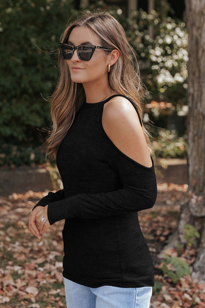 Round Neck Cold Shoulder Long Sleeve Top